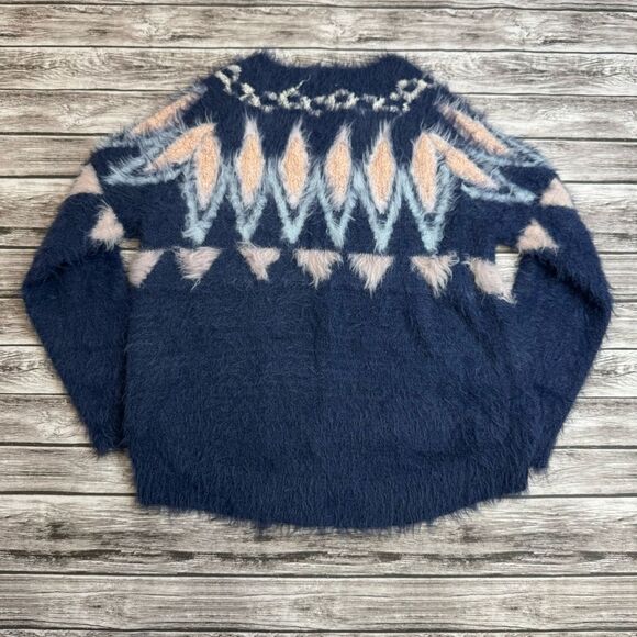 LC Lauren Conrad Women's Fuzzy Fair Isle Sweater Blue White Pink M Med Medium - Picture 4 of 13